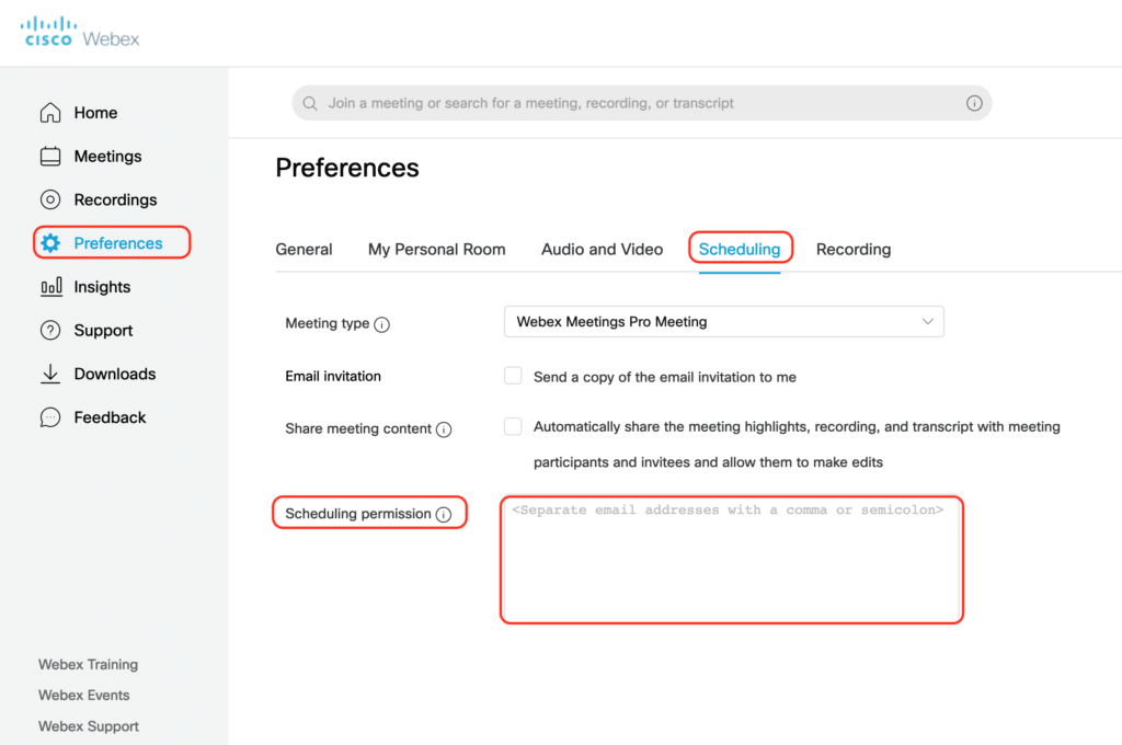 schedule webex meetings on someone's behalf